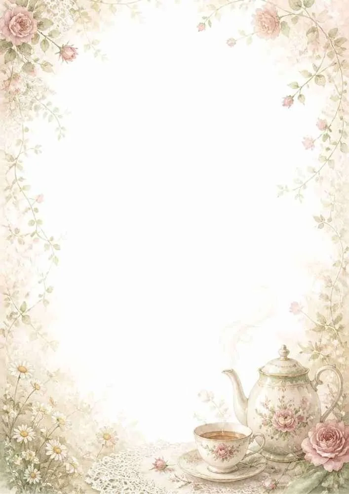 Watercolor border with roses, floral teapot, teacup, daisies, and open center.