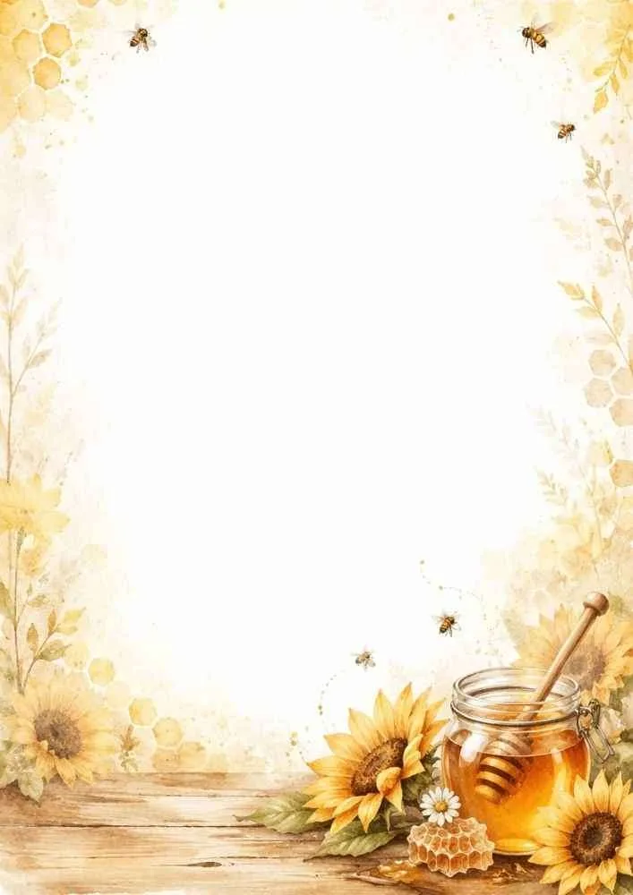Watercolor border with honey jar, sunflowers, bees, and honeycomb.