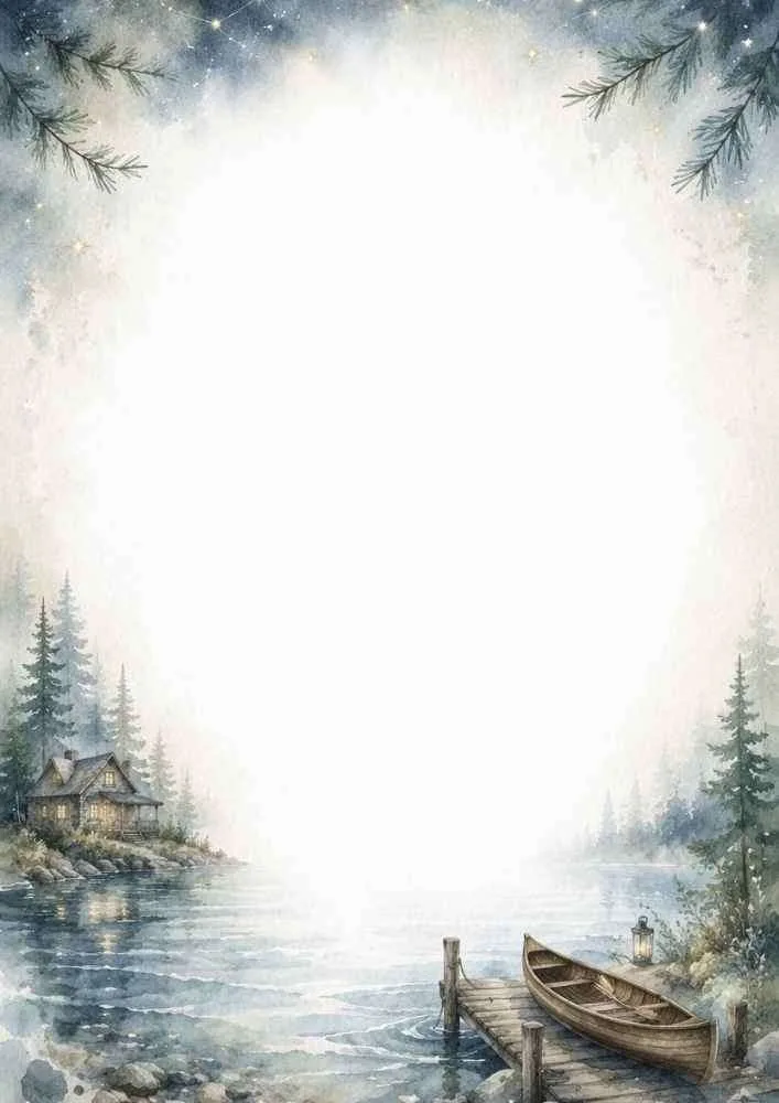 Watercolor border with lake, dock, rowboat, cabin, and pine trees.