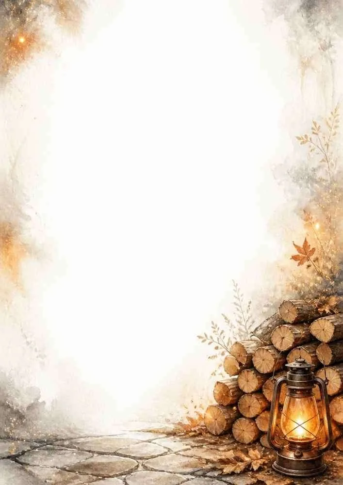 Watercolor border with firewood, lantern, autumn leaves, and open center.