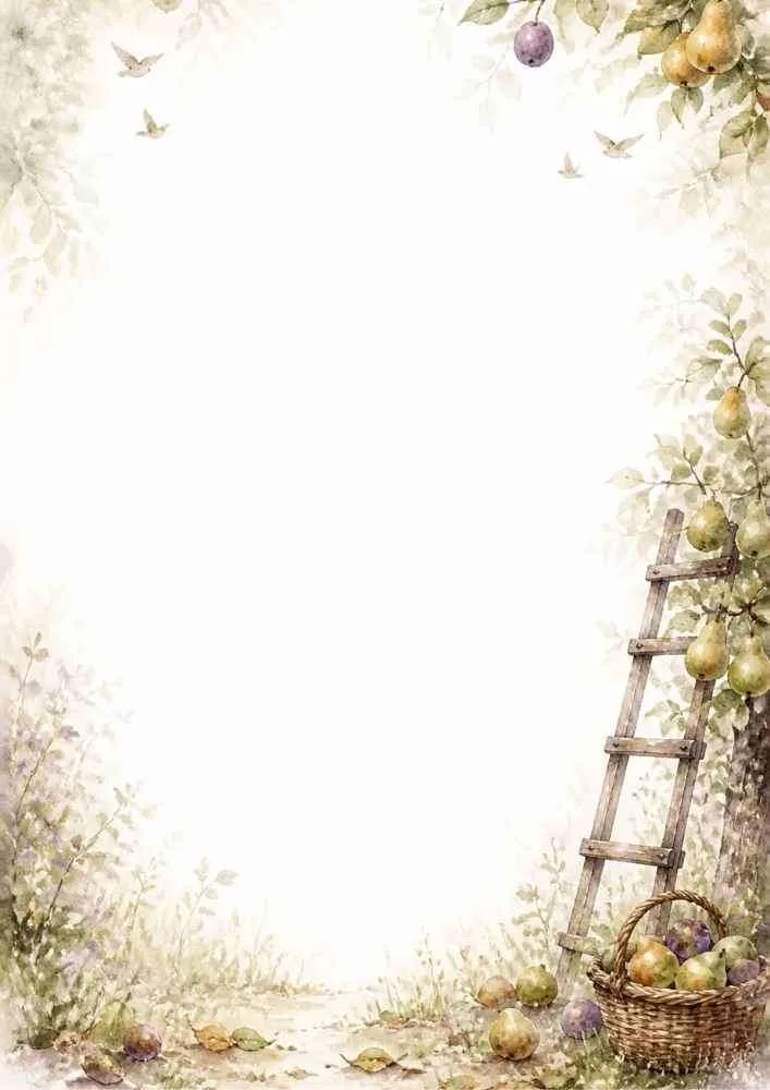 Watercolor border with pear tree, ladder, fruit basket, and birds.