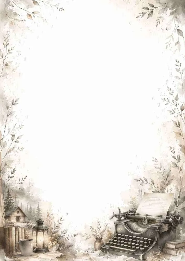 Watercolor border with vintage typewriter, lantern, books, and cabin.
