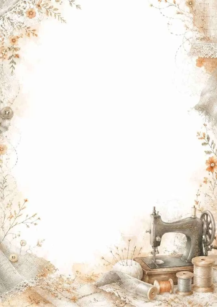 Watercolor border with sewing machine, thread spools, fabric, and pins.