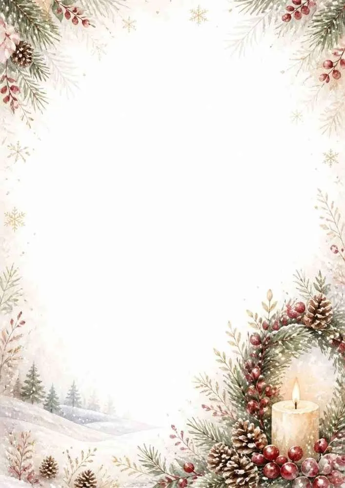 Watercolor border with candle, evergreen wreath, pinecones, berries, and open center.