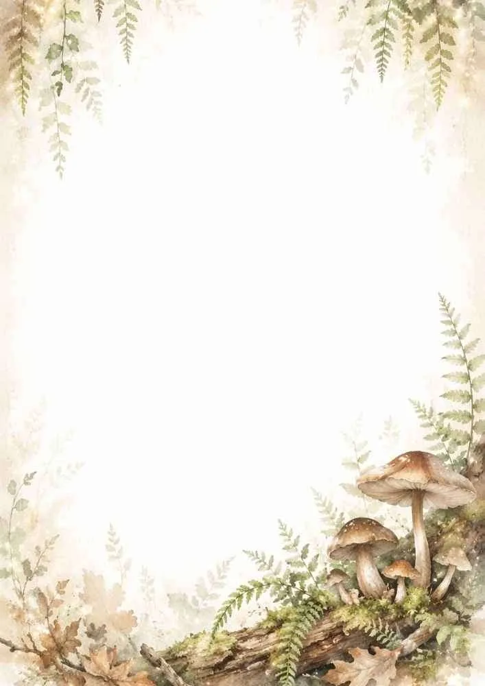 Watercolor border with mushrooms, ferns, mossy log, and open center.