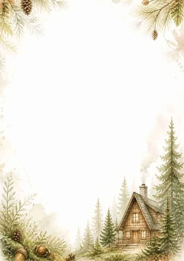 Watercolor border with forest cabin, pine trees, pinecones, and open center.