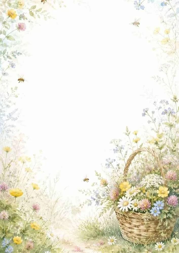 Watercolor border with flower basket, wildflowers, bees, and open center.