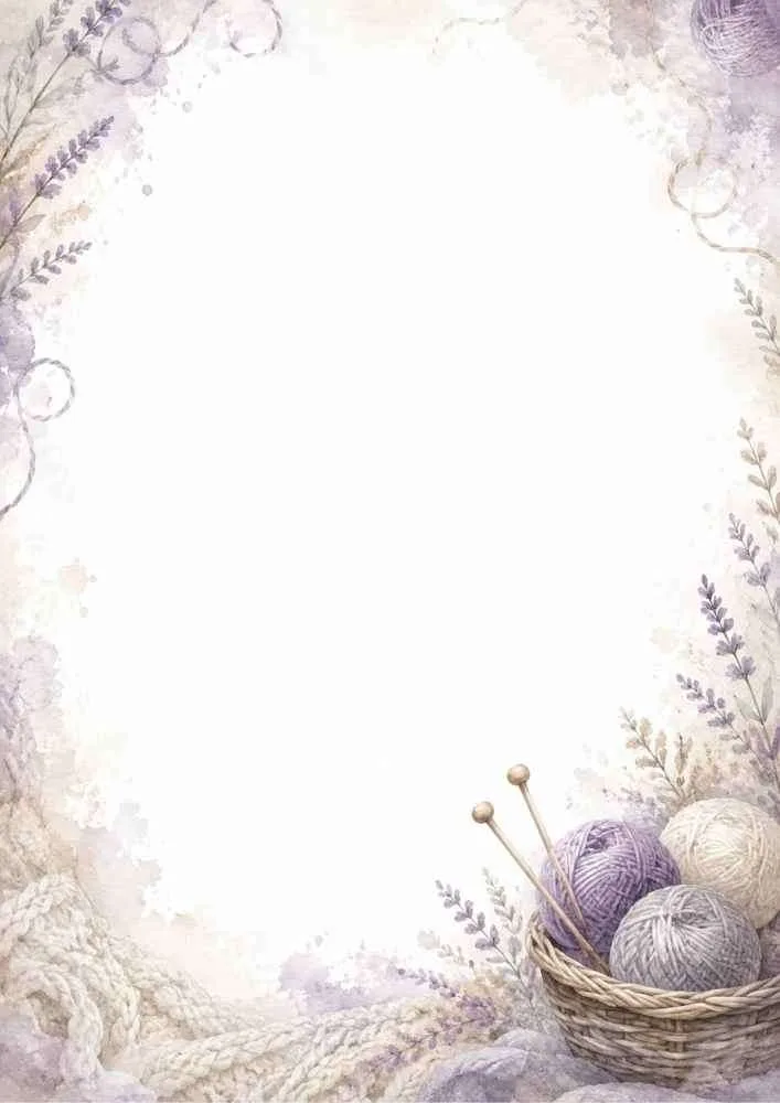 Watercolor border with lavender, yarn balls, knitting needles, and open center.
