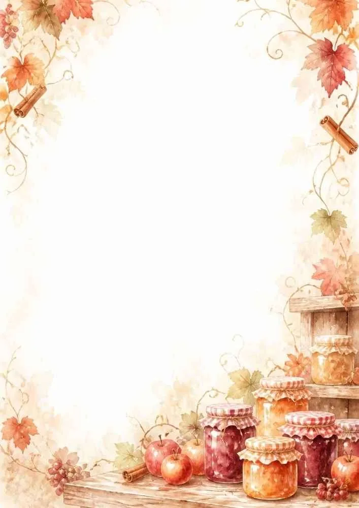 Watercolor border with jam jars, apples, cinnamon, and autumn leaves.