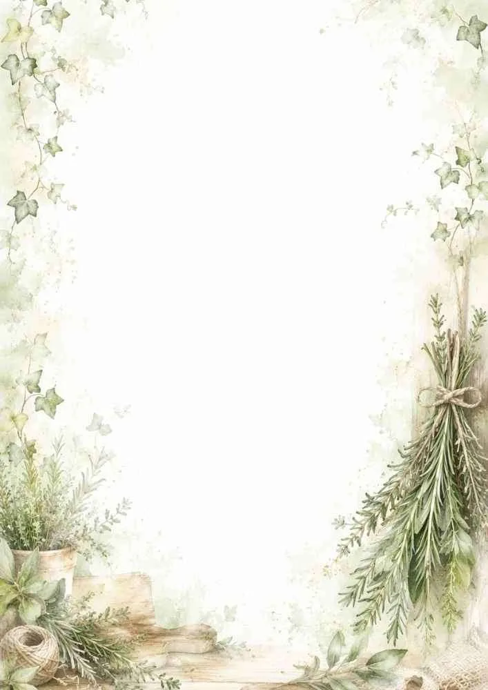 Watercolor border with hanging herbs, ivy, potted plants, and open center.
