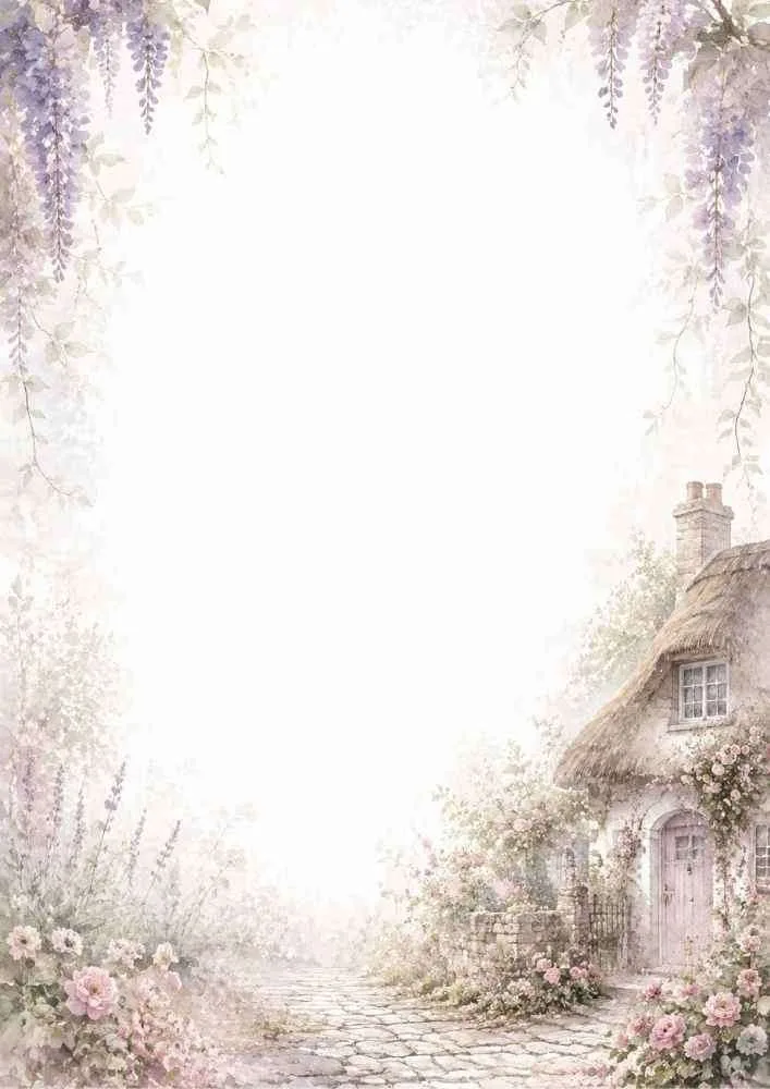 Watercolor border with cottage, flowers, stone path, and open center.