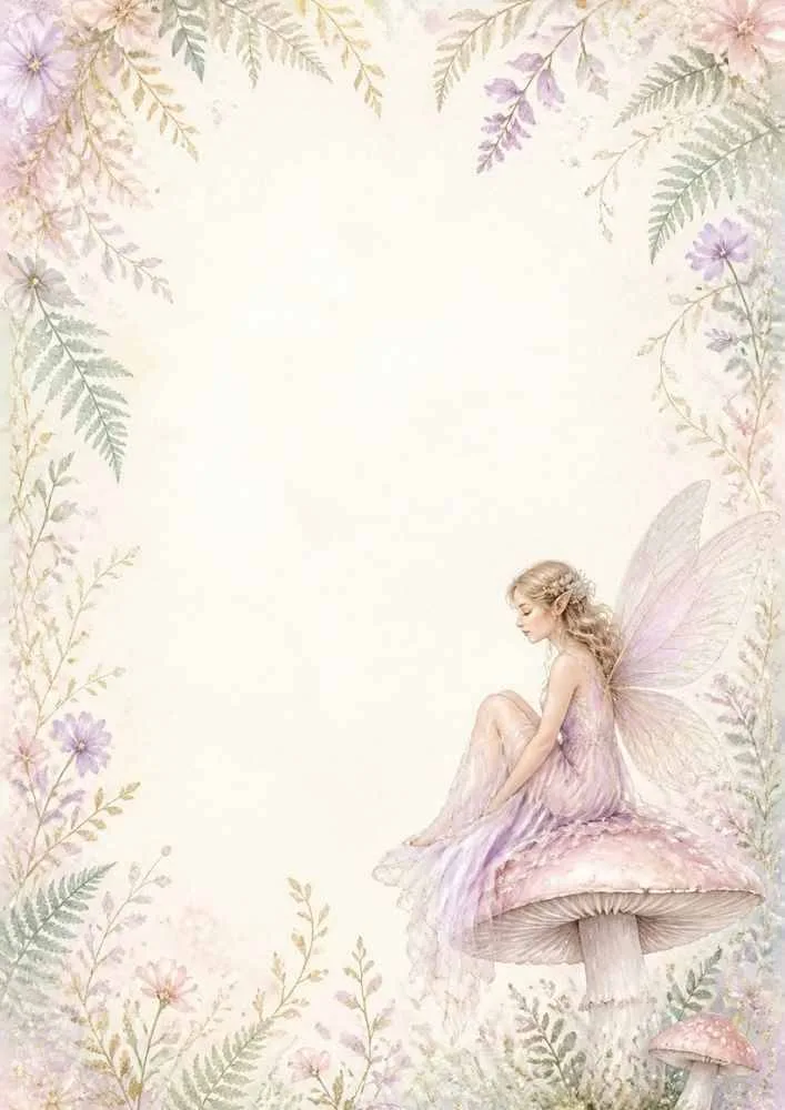 Fairy sitting on a mushroom with flowers, leaves, and a large blank center.