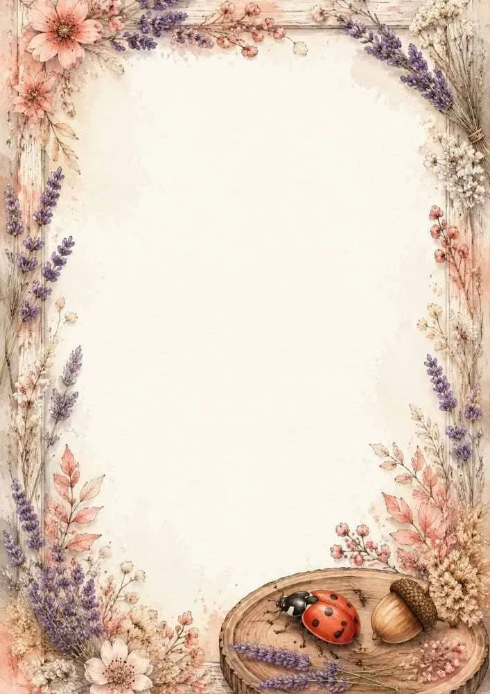Ladybug on wood with lavender, flowers, acorn, and a blank center.