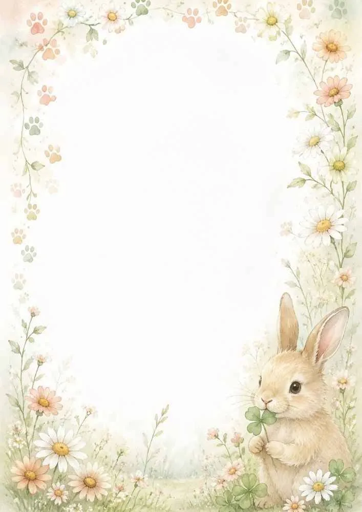 Bunny holding a clover with daisies, flowers, and a blank center.