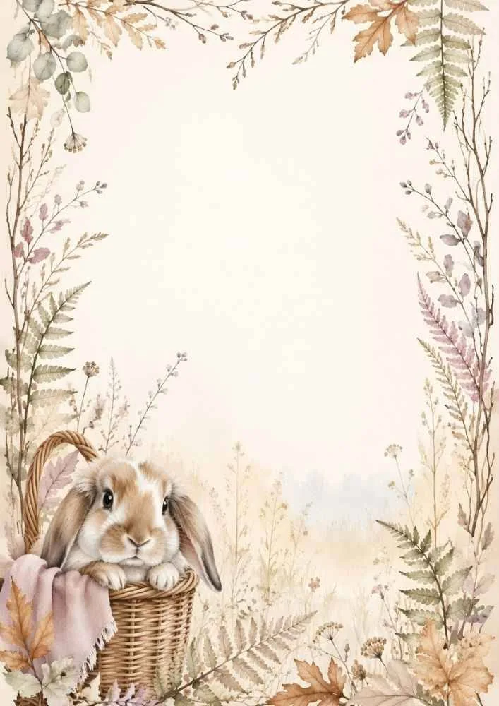 Bunny in a basket with meadow plants and a blank center.