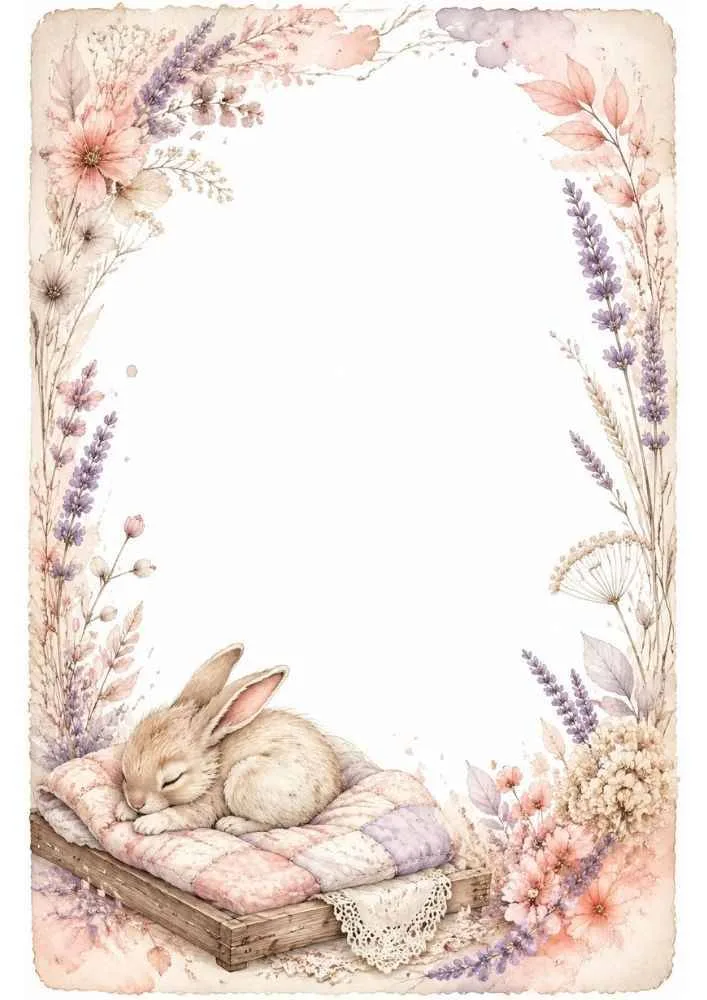 Sleeping bunny on a cushion with lavender and a blank center.