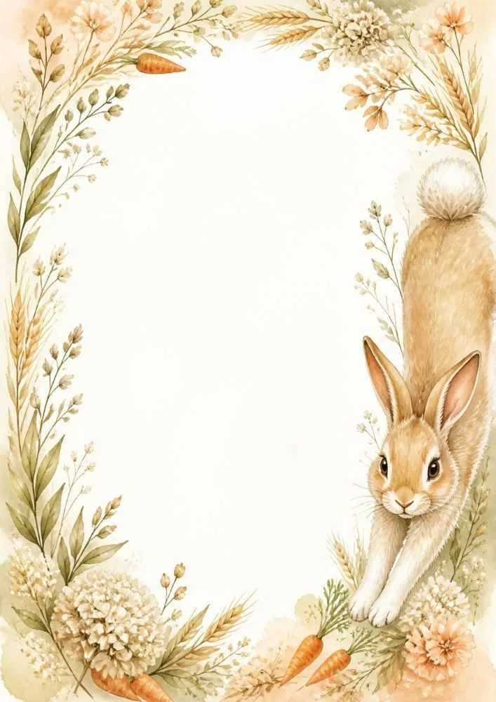 Stretching bunny with carrots, flowers, and a blank center.