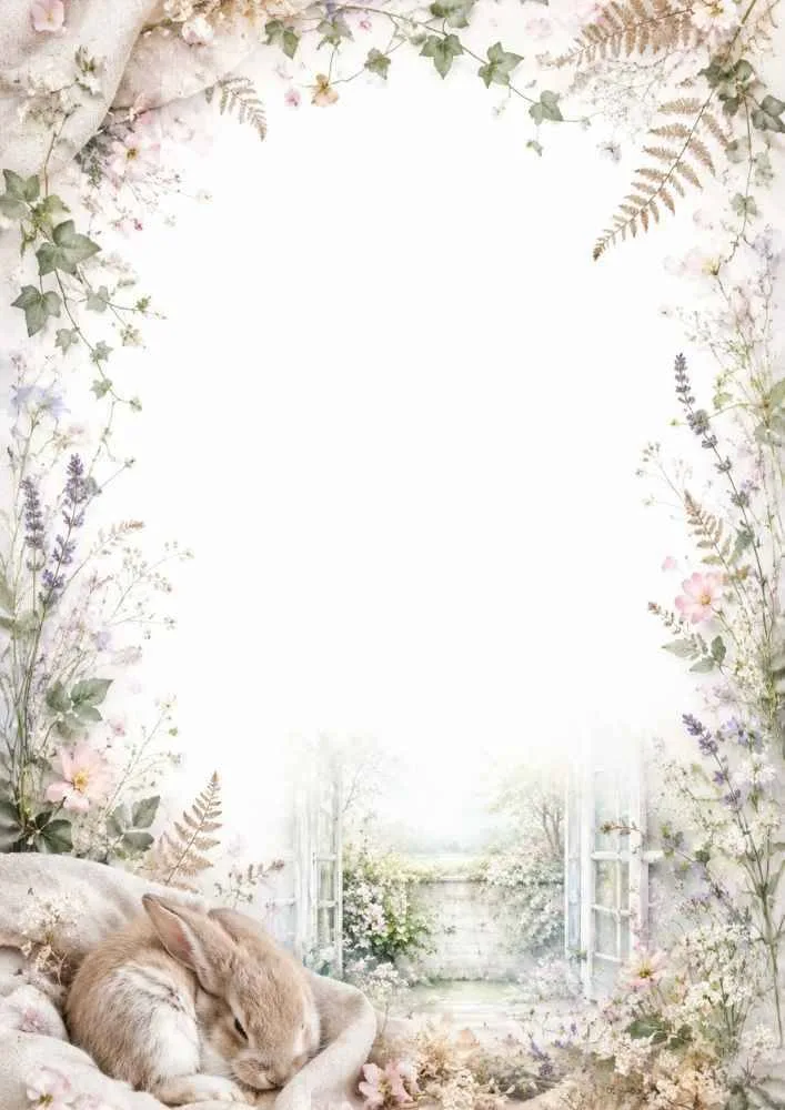 Sleeping bunny by a garden window with flowers and a blank center.