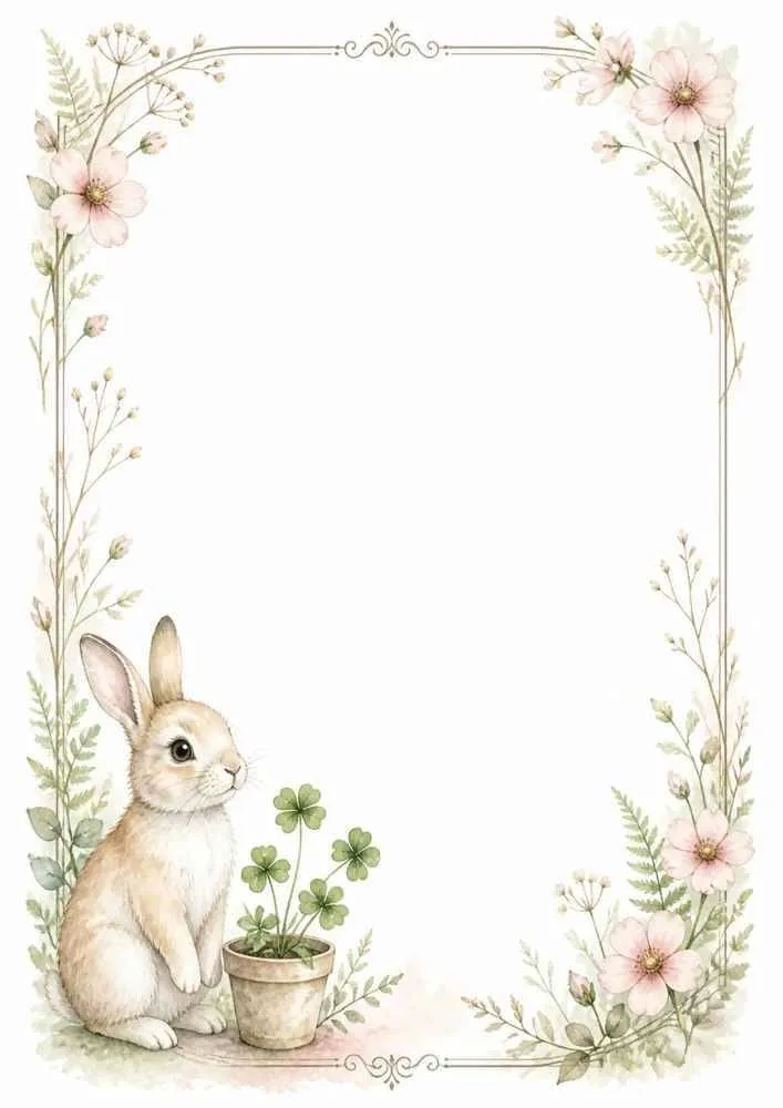 Bunny beside a clover pot with floral border and a blank center.