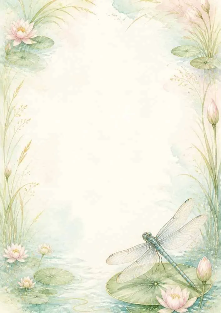 Dragonfly over lily pads and water lilies with a blank center.