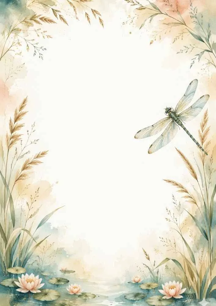 Dragonfly above a pond with reeds, lilies, and a blank center.
