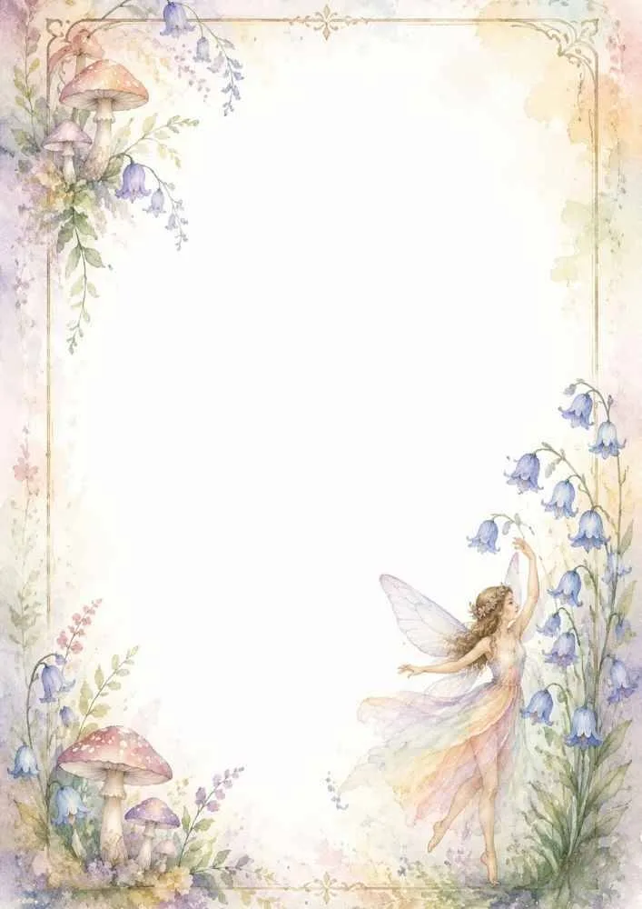 Fairy with bluebell flowers, mushrooms, floral border, and a blank center.