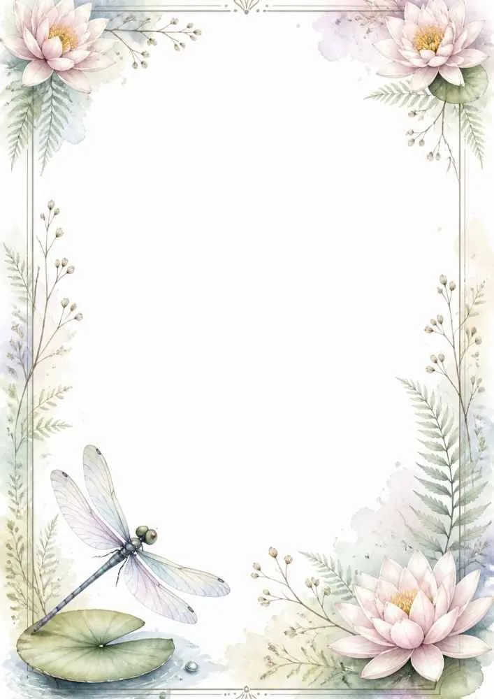 Dragonfly on a lily pad with water lilies, ferns, floral border, and a large blank center.