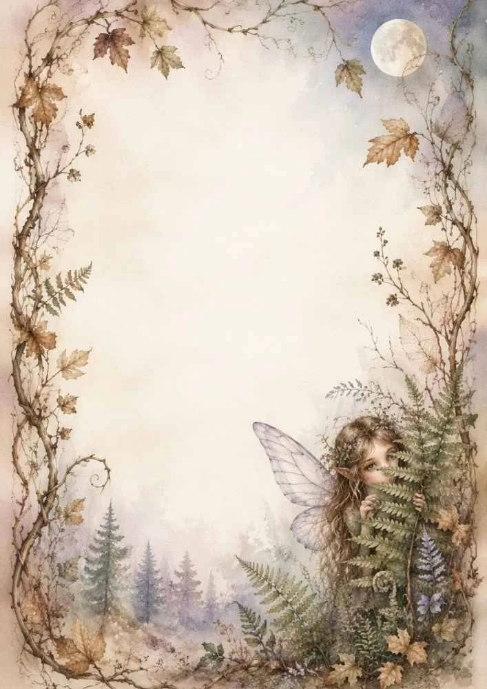 Fairy behind ferns with vines, moon, forest plants, and a blank center.