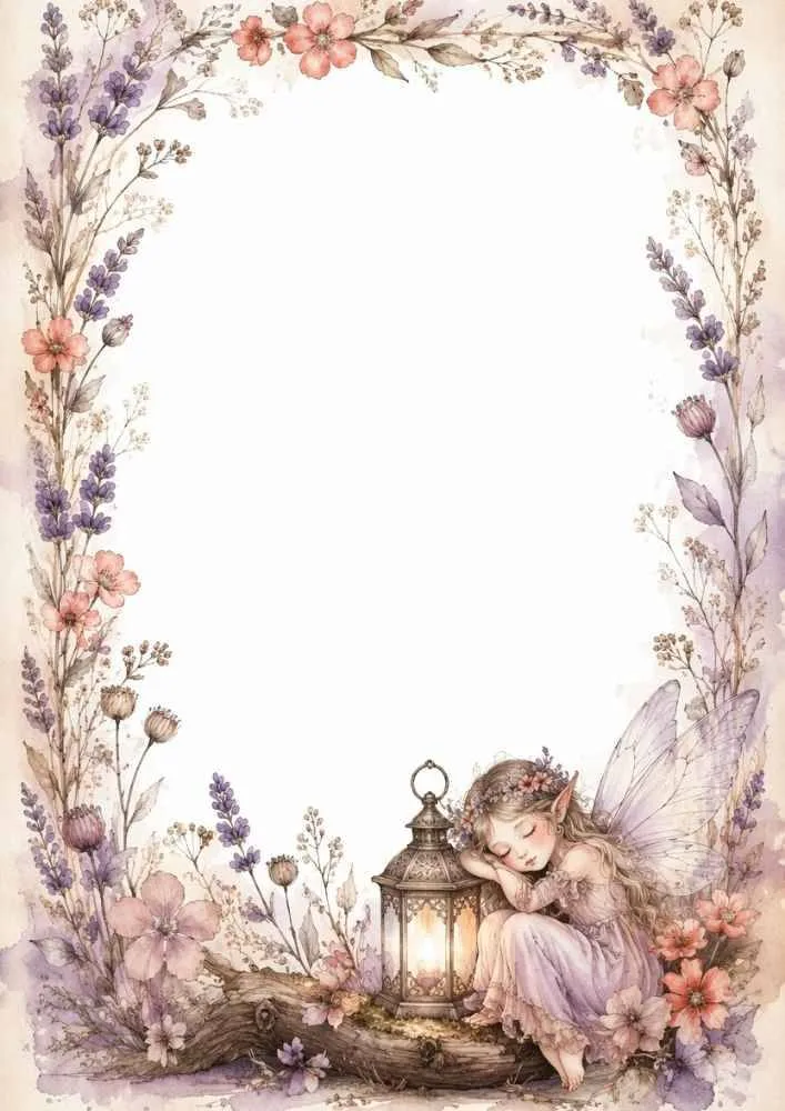 Sleeping fairy with lantern, flowers, lavender, and a blank center.
