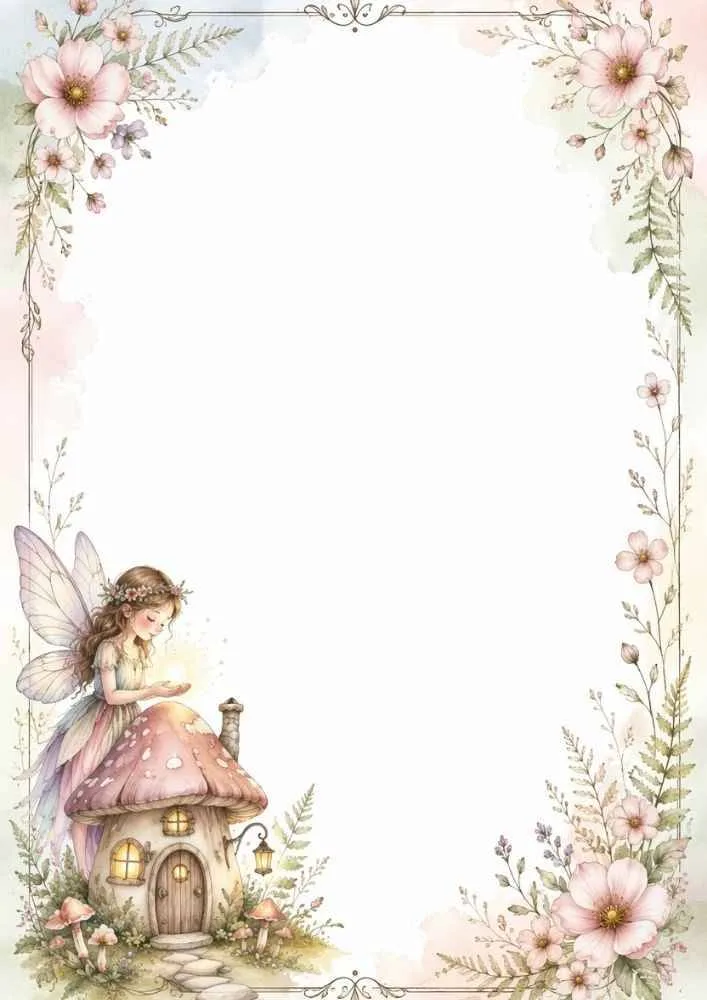 Fairy beside a mushroom house with flowers and a blank center.