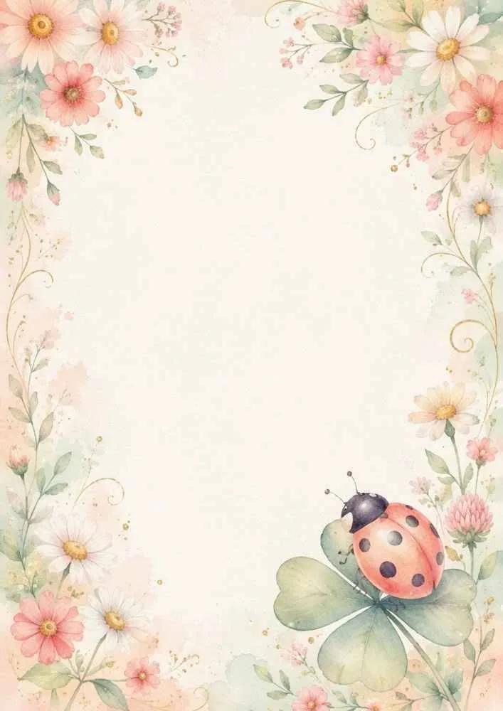Ladybug on a clover with flowers and a large blank center.
