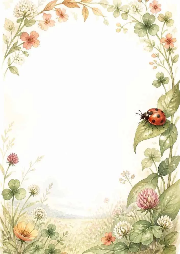 Ladybug on leaves with clover flowers and a blank center.