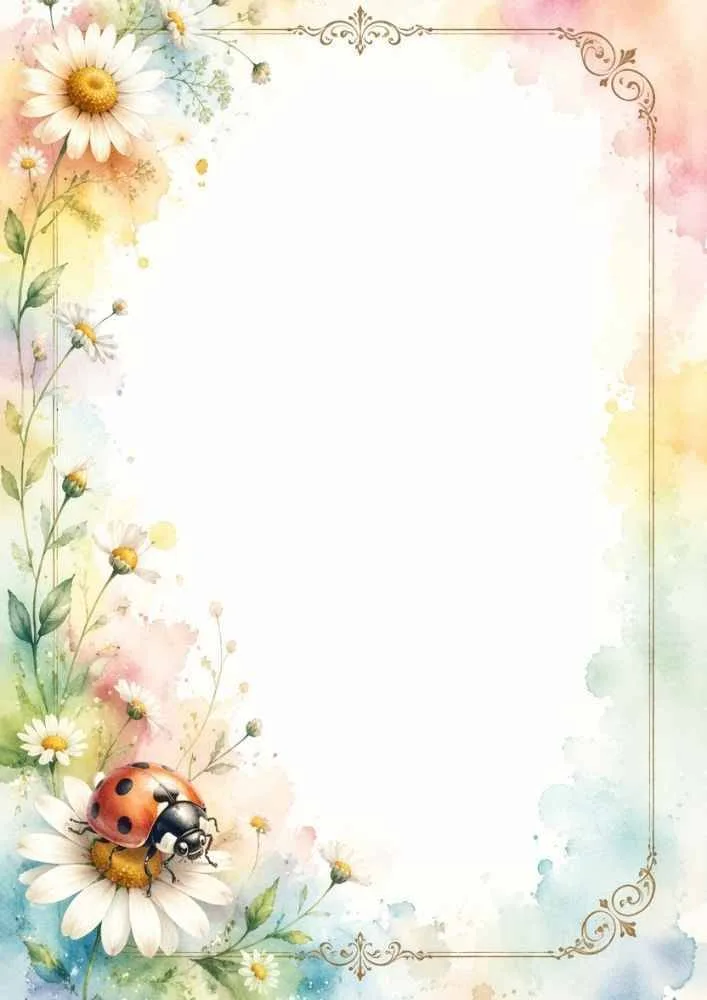Ladybug on a daisy with floral border and a blank center.