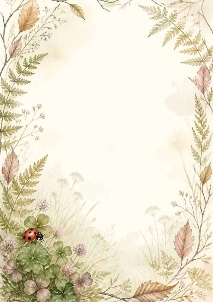 Ladybug with clover, ferns, woodland leaves, and a blank center.