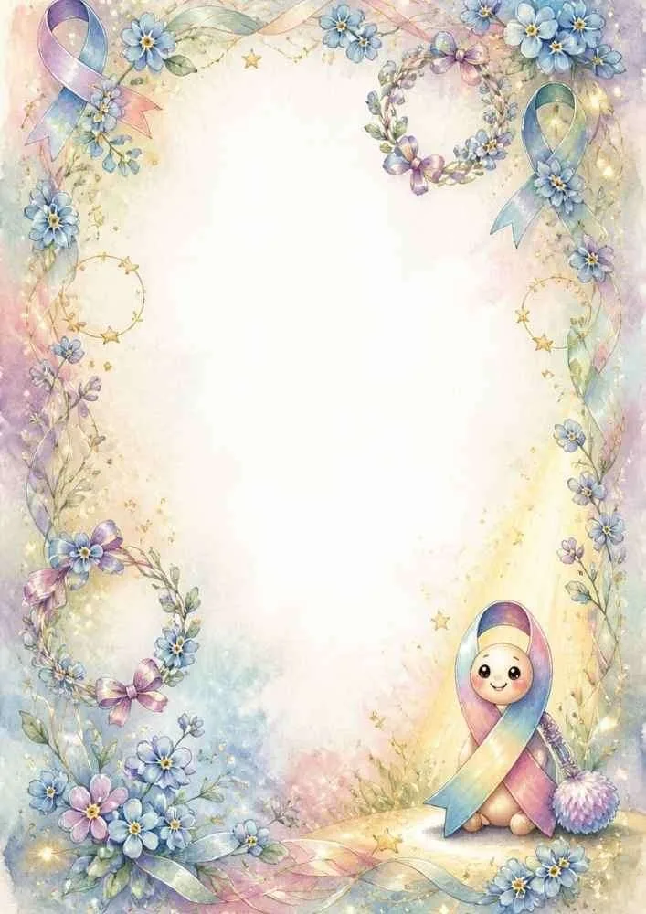 Awareness ribbon with floral wreaths and flower border.