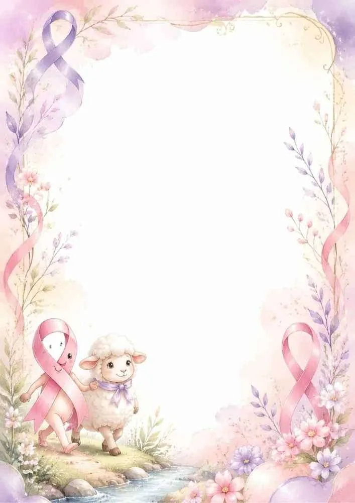 Awareness ribbon holding hands with a lamb in a flower garden.