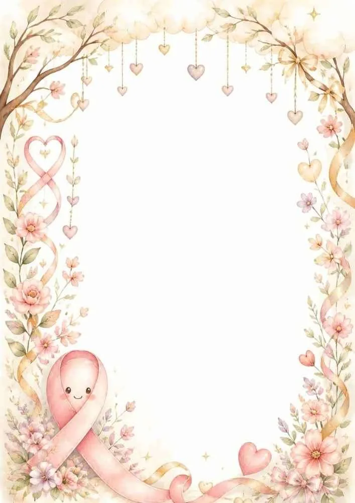 Pink awareness ribbon with flowers, hearts, and floral border.