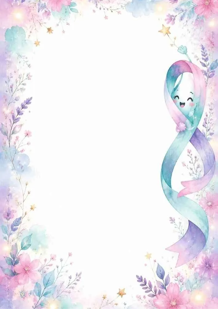 Waving awareness ribbon with flowers and pastel cloud border.