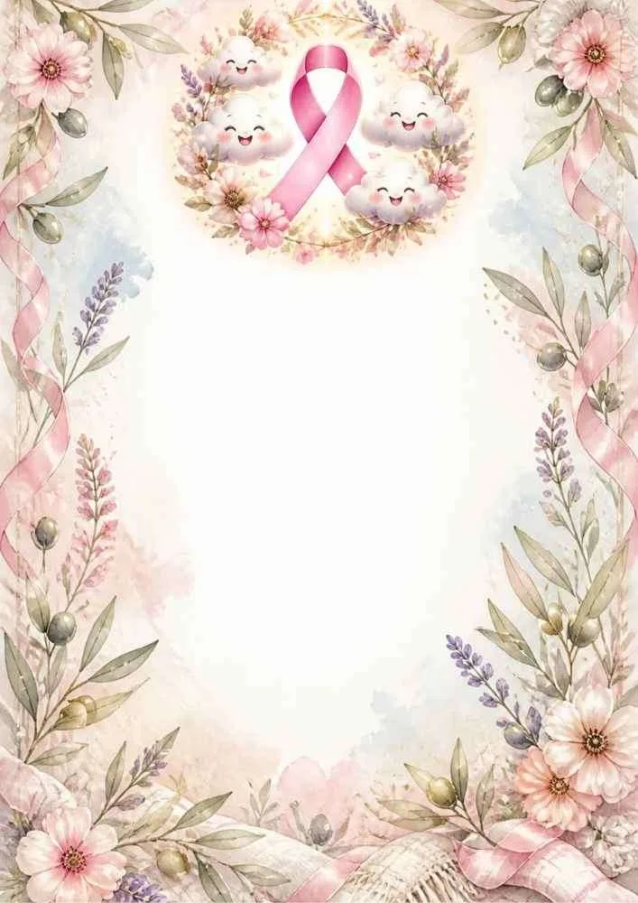 Pink awareness ribbon with smiling clouds and flowers.