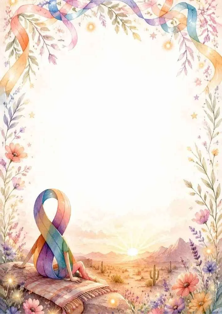 Awareness ribbon watching a desert sunset with floral border.