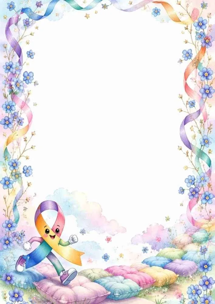 Running rainbow awareness ribbon with flowers and pillows.