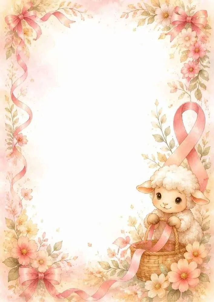 Lamb with pink awareness ribbon and flower garden border.