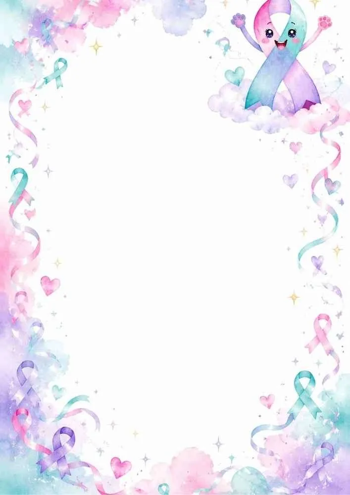 Happy awareness ribbon with hearts, clouds, and ribbons.