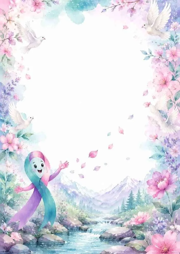 Awareness ribbon with doves, flowers, mountains, and river.