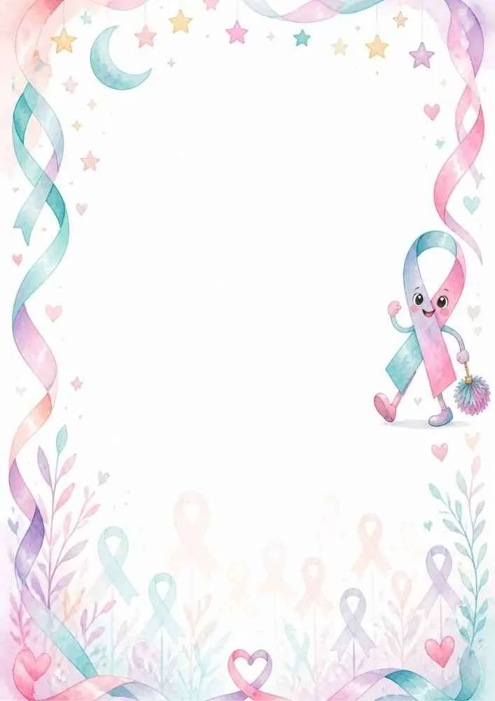 Smiling awareness ribbon with stars, hearts, and ribbon border.