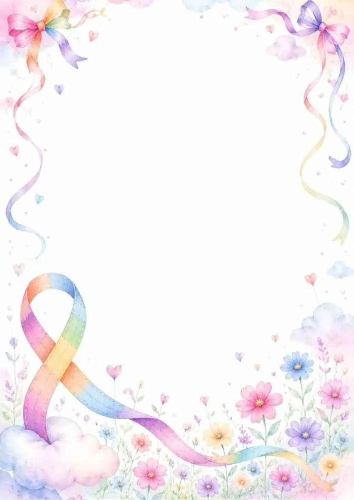 Rainbow awareness ribbon with flowers, bows, and cloud border.