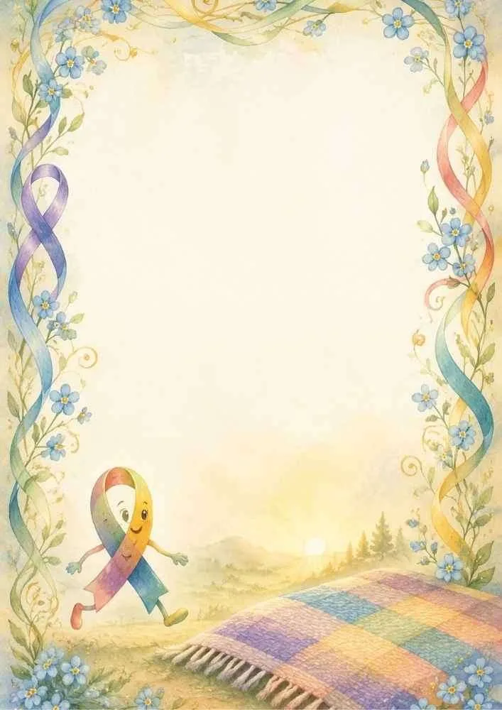 Happy awareness ribbon in a meadow with flowers and sunrise.