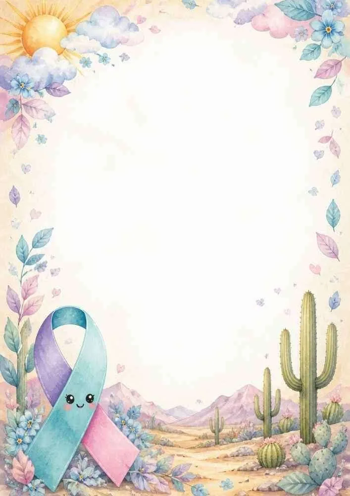 Awareness ribbon with cactus, flowers, and desert landscape border.