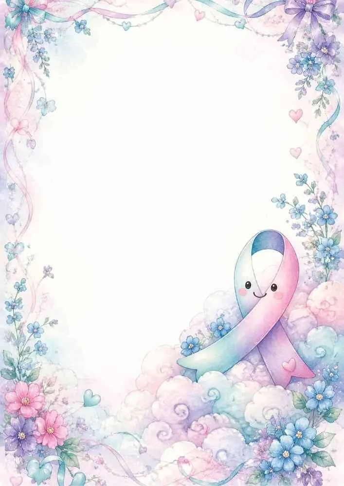 Smiling awareness ribbon with clouds, flowers, and ribbon border.