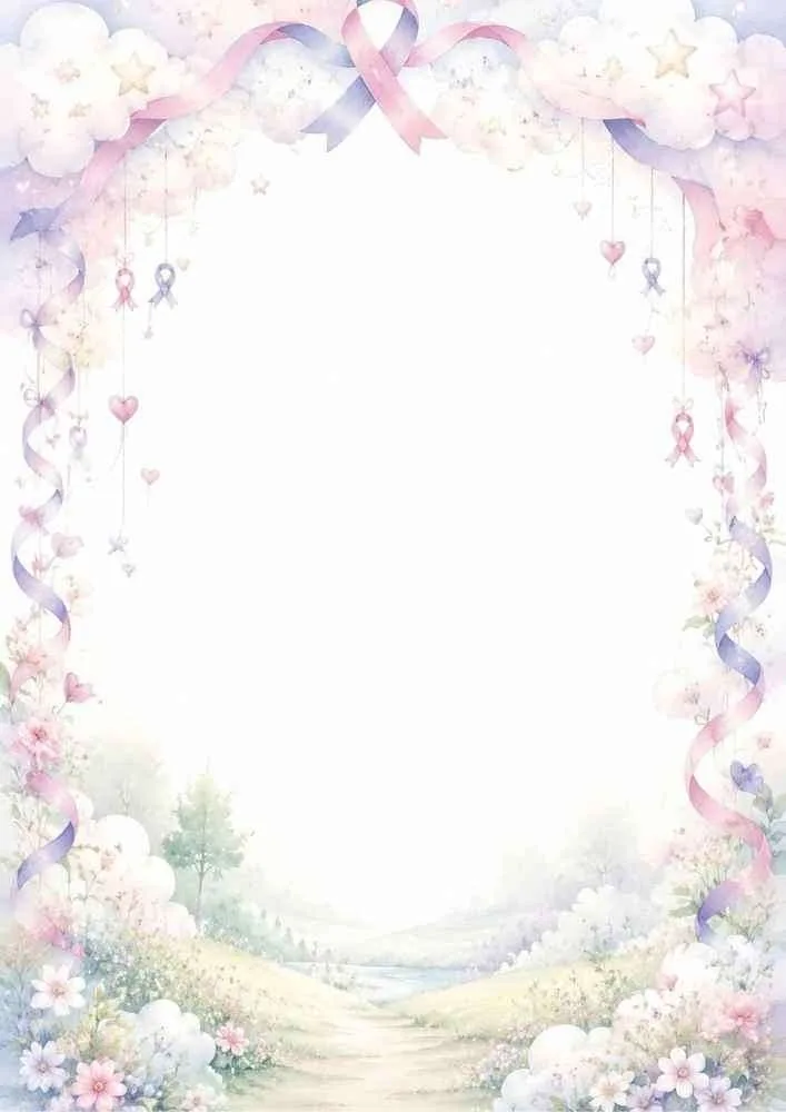 Ribbon border with clouds, hearts, flowers, and a path.